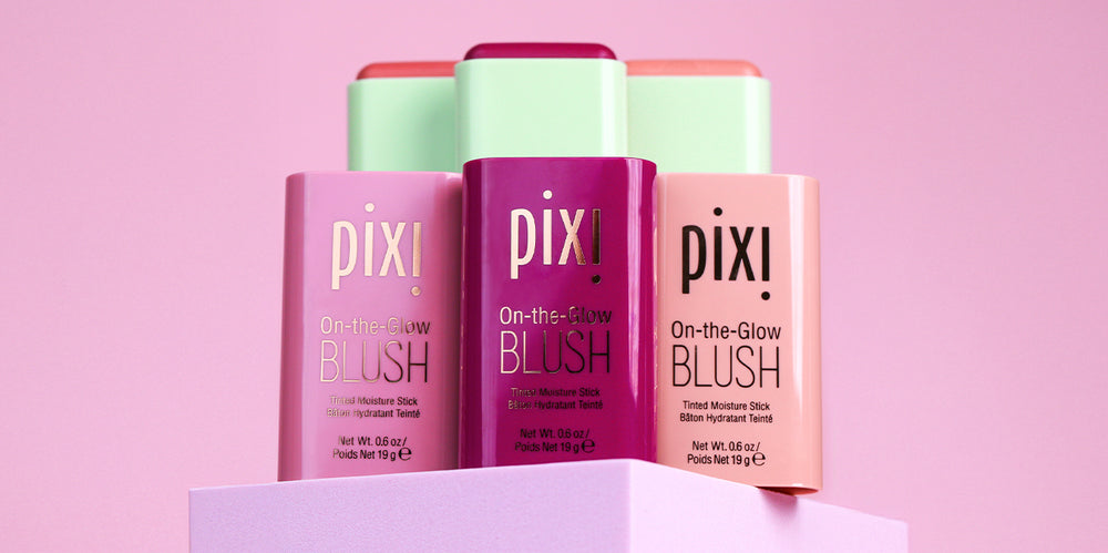 Pixi  On-the-Glow Blush in 3 new shades, on a pink background
