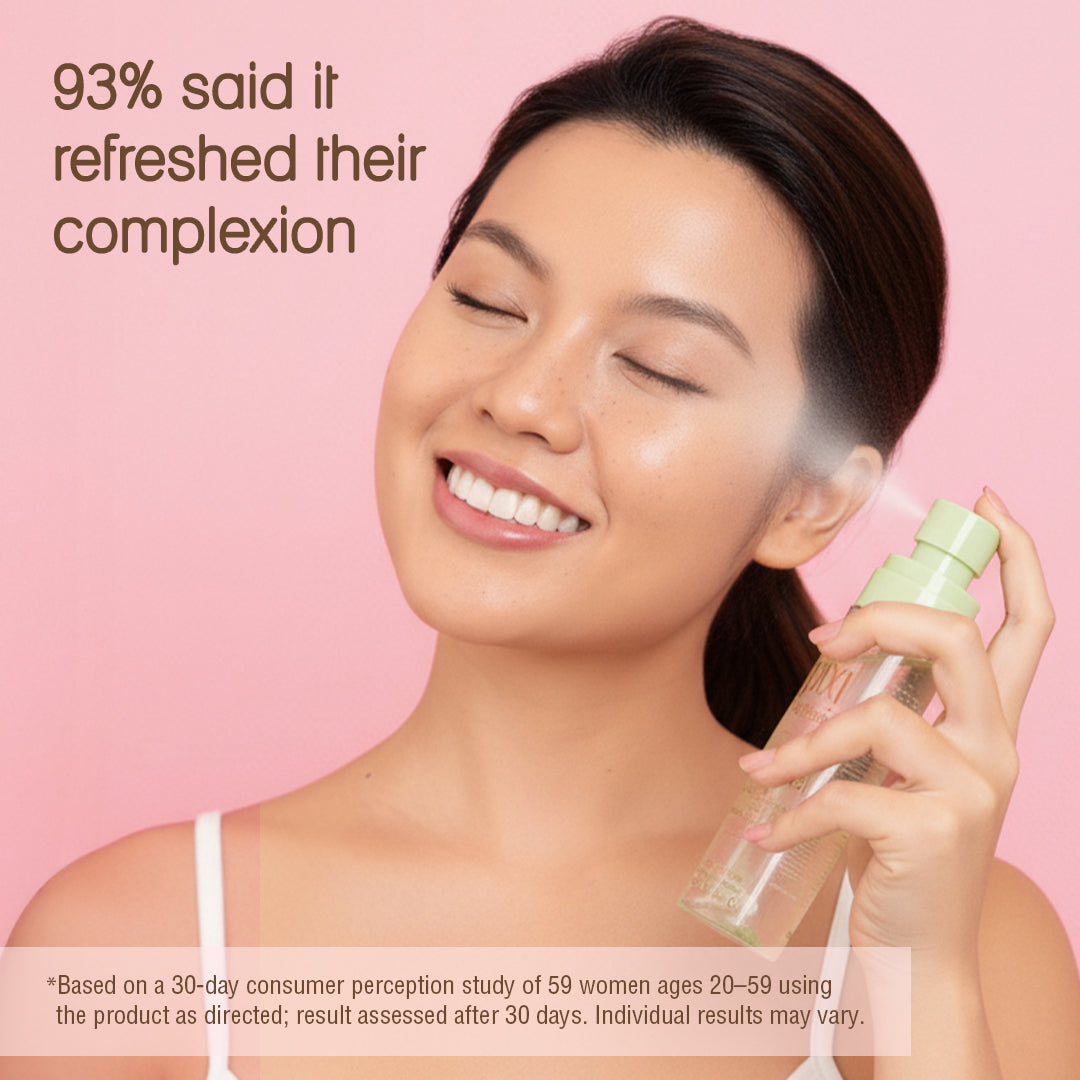 Pixi Glow Mist in use showing spray application by customer.  93% said it refreshed their complexion.   *Based on a 30-day consumer perception study of 59 women ages 20-59 using the product as directed; result assessed after 30 days. Individual results may vary.