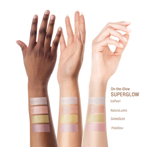 Three human arms with makeup swatches and text reading 'On-the-Glow SUPERGLOW' and shade names 'IcePearl,' 'NaturalLustre,' 'GildedGold,' and 'PetalDew' on a white background. view 2