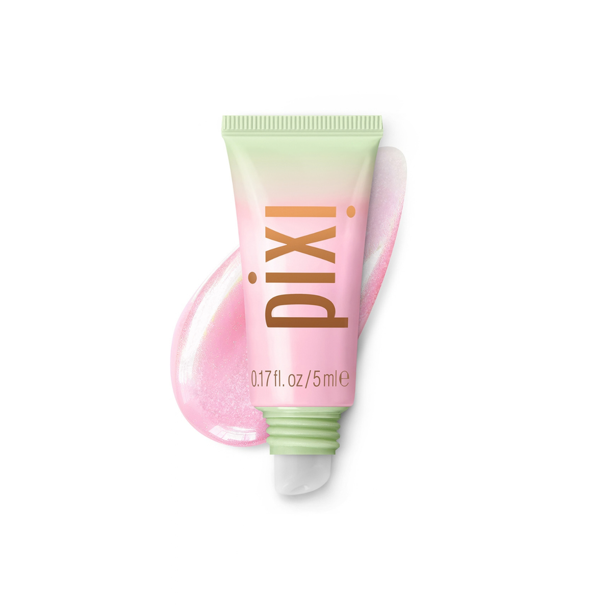Pixi Petite LipTone tube in a pink and light green gradient, featuring the brand name 'pixi' in gold lettering, with a pink iridescent gel smear behind it on a white background.