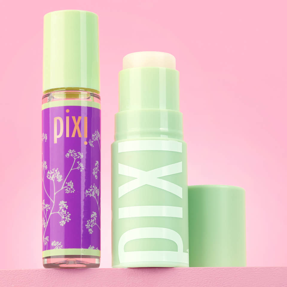 Petra's Overnight Reset featuring Glow-y Lip Oil and +Hydra LipTreat on a pink background - View 2 view 1