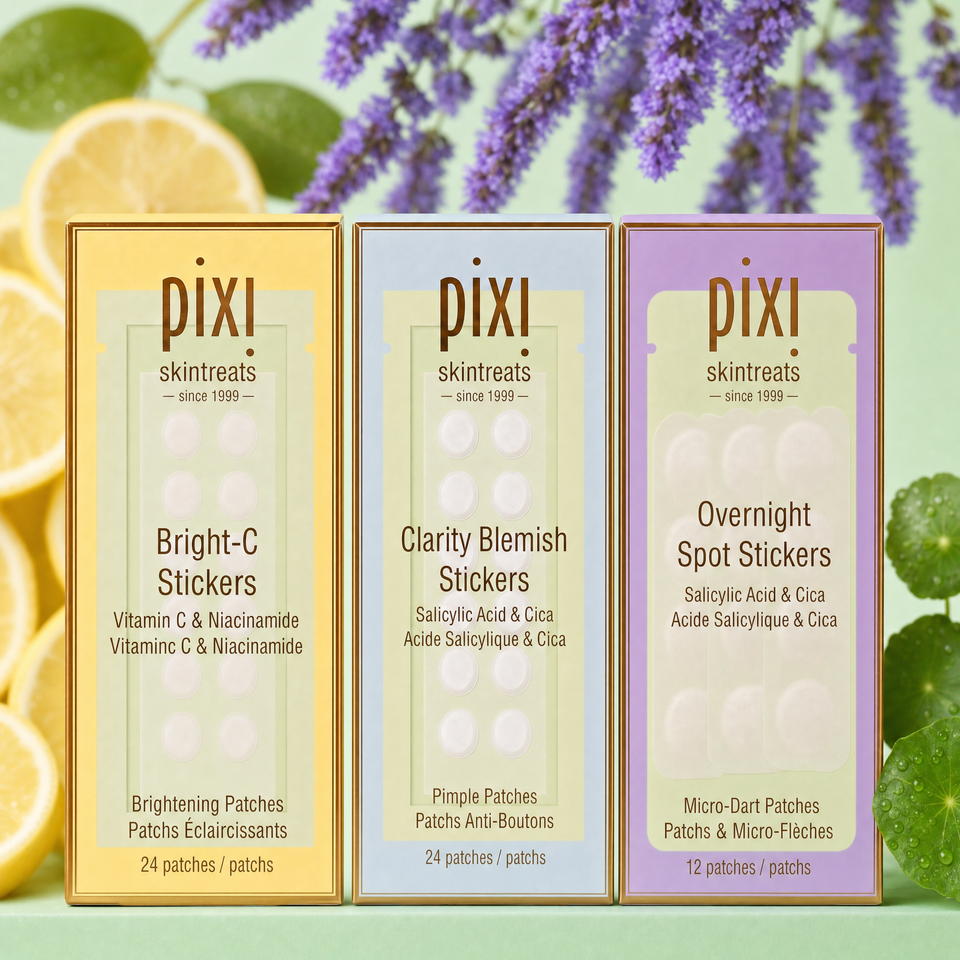 Three boxes of PIXI skincare stickers with lemon, lavender, and green leaves in the background. view 1