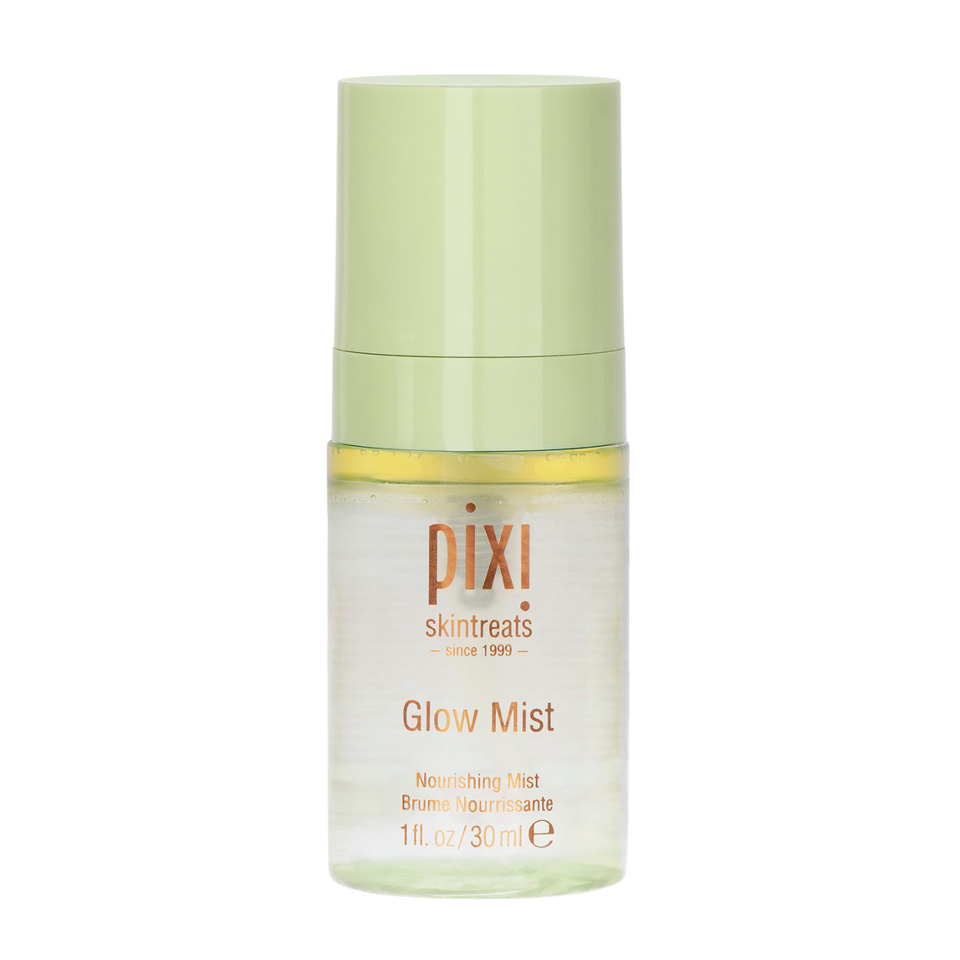 Pixi Skintreats Glow Mist nourishing mist in a 1 fl. oz. (30 ml) clear bottle with a light green cap, on a white background. view 1